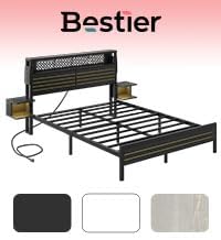 Bestier Queen Bed Frame with Horizontal Golden Stripe Storage Headboard&LED Nightstands, Metal Platform Bed with Charging Station, Heavy Duty Metal Slats, No Box Spring Needed, Noise Free(Matte Black)