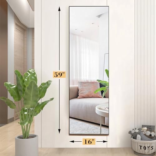 OLIXIS Full Length Mirror 59"x16.3" for Bedroom, Full Body Mirror with Stand, Hanging or Leaning for Wall, Aluminum Alloy Thin Frame Floor Standing for Living Room, Long, Black