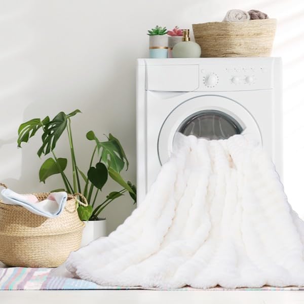 Ultra Soft Plush Cozy Throw Blanket, Foldable Faux Fur Blanket for Couch Spring Travel Camping, Machine Washable Easy Care for Home Bed Office Airplane Car Women, 50" x 60" Cream White