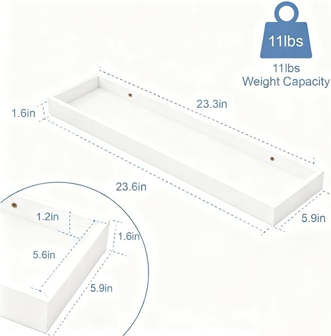 2 Pack 23.6 in White Floating Shelves for Wall, Wooden Wall Shelves for Bedroom Living Room Kitchen, Modern and Rustic Bathroom Shelves with Raised Lip, Decor Floating Shelf for Storage Display