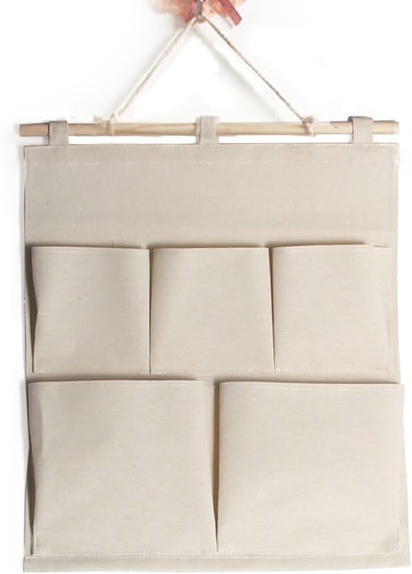 Co-link Linen/Cotton Fabric 5 Pockets Wall Door Closet Hanging Storage Bag Organizer,13.8" Wx 17.7" H (5 Pockets-Beige White)