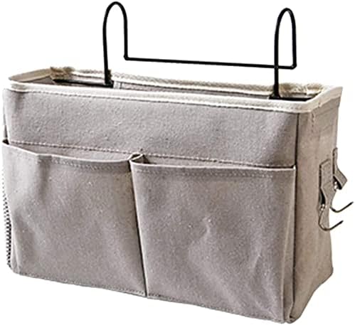 Bedside Caddy,Hanging Basket Bedside Organizer Storage for College Bunk Dorm Rooms Hospital Beds Rails,Grey Canvas Sturdy Iron Frame with Side Mesh Pocket for Glasses Books Phones Keys Cable