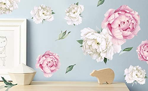 Peony Watercolor Wall Decals (Pink and White Watercolor) - Spring Decor Flowers Decals for Wall - Botanical Bedroom Sticker Girls - Floral Peonies Pink Botanical Stickers Bedroom Nursery w/test Sample