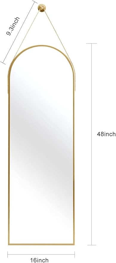 TinyTimes 16"x48" Hanging Mirror with Leather Strap,Arched Full Length Mirror with Aluminum Frame Wall-Mounted Hanging Mirrors for Bathroom Vanity Living Room Bedroom Entryway Décor, Gold