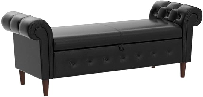 Aoowow Storage Bench for Bedroom End of Bed Rolled Armed PU Leather Ottoman Long Bench Seat Window Sitting Fireplace Toy Storage Bench, Black