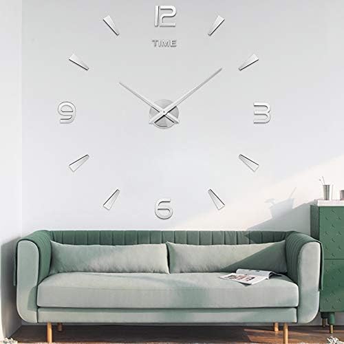 AILILIFE 3D DIY Wall Clock Decor Sticker Mirror Frameless Large DIY Wall Clock Kit for Home Living Room Bedroom Office Decoration (Sliver)
