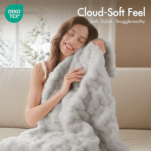 Madison Park Ruched Luxury Throw Premium Soft Cozy Brushed Long Faux Fur For Bed, Couch or Sofa, 50"x60", Silver Grey