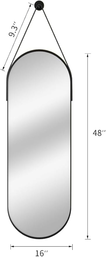 TinyTimes 48"x16" Hanging Mirror Full Length with Leather Strap,Oval Full Length Mirror Wall-Mounted Hanging Mirrors for Bathroom Vanity Living Room Bedroom Entryway Décor, Black
