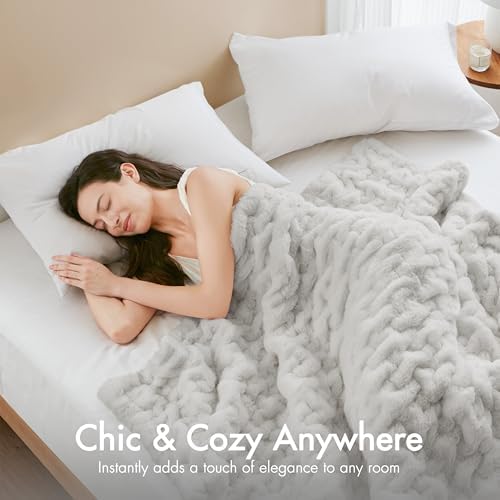 Madison Park Ruched Luxury Throw Premium Soft Cozy Brushed Long Faux Fur For Bed, Couch or Sofa, 50"x60", Silver Grey