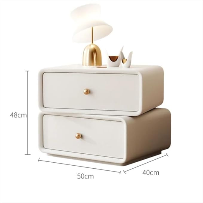 360° Rotating Nightstand – Handcrafted Solid Wood & Leather Bedside Table with Dual Storage Drawers for Modern Home Decor (White)