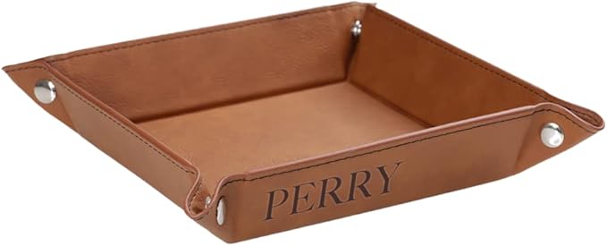 PrintSupremacy Faux Leather Valet Tray, Bedside Leatherette Tray Organizer Storage Great For Keys Phones Cards Watches and Coins, catchall Tray For Home And Office (Custom Text)