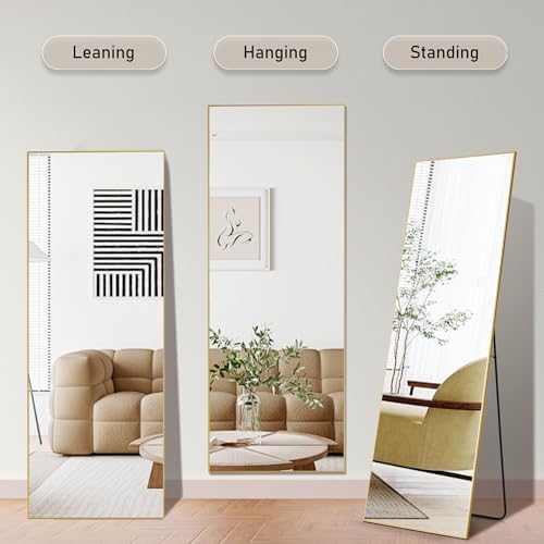 OLIXIS Full Length Mirror for Bedroom, 56"x15" Full Body Mirror with Stand, Hanging or Leaning for Wall, Aluminum Alloy Thin Frame Floor Standing for Living Room, Long, Gold