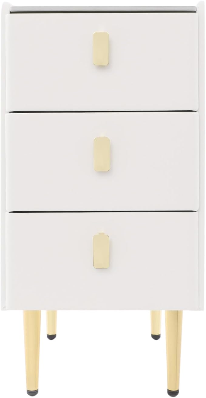 Narrow Nightstand with 3 Drawers, Narrow Side Table End Table Leather Bedside Cabinet Slim Storage Bedside Table for Small Space Bedroom Living Room Dormitories (White)