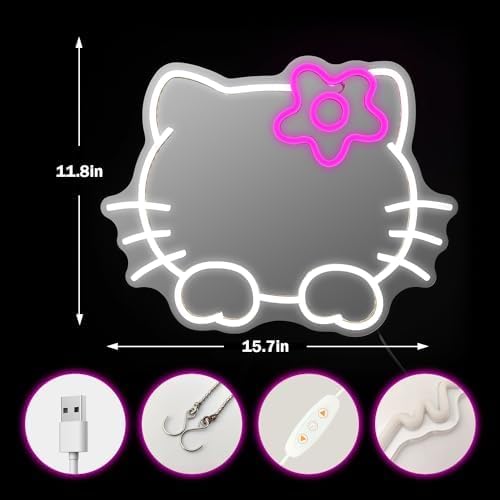 Anime Hello Kit Mirror Neon sign Dimmable Led Neon Mirror Sign for Dresser indoor Room Decor Cat Wall Neon Light Up Sign Bedroom Wall Gifts