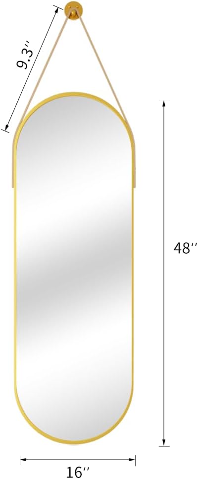 TinyTimes 48"x16" Hanging Mirror with Leather Strap,Oval Full Length Mirror with Aluminum Frame Wall-Mounted Hanging Mirrors for Bathroom Vanity Living Room Bedroom Entryway Decor, Gold