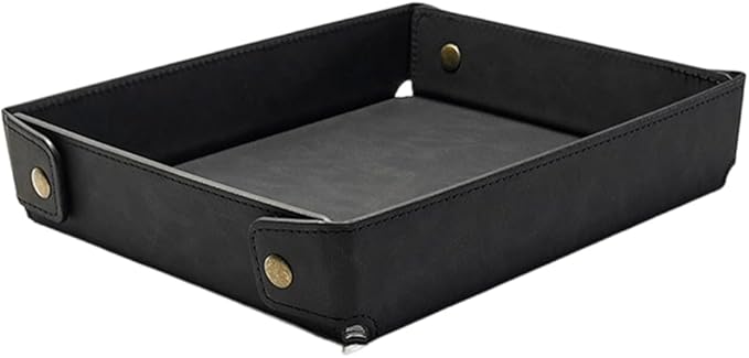 Black PU Leather Jewelry Valet Tray Foldable Leather Necklace Storage Case Portable Catchall Travel Dish Plate Pendant Organizer Holder Container for Men Women Desk Bedside Drawers