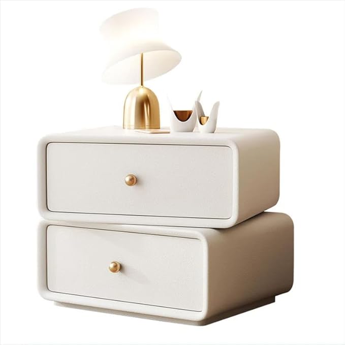 360° Rotating Nightstand – Handcrafted Solid Wood & Leather Bedside Table with Dual Storage Drawers for Modern Home Decor (White)