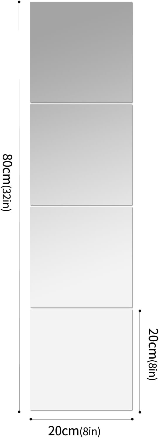 HD Glass Full Length Wall Mirror Tiles - Set of 4, 8'' x 8'' - Frameless, Ideal for Bedroom, Home Gym, Bathroom - Versatile Wall Decor and Over Door Mirrors with Toddler Mirror Stickers