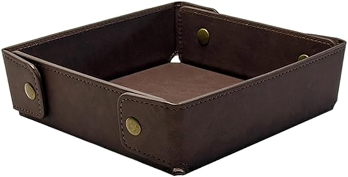 PU Leather Valet Tray Foldable Leather Jewelry Storage Case Catchall Travel Dish Plate Dark Brown Necklace Pendant Organizer Holder Container for Men Women Desk Bedside Drawers