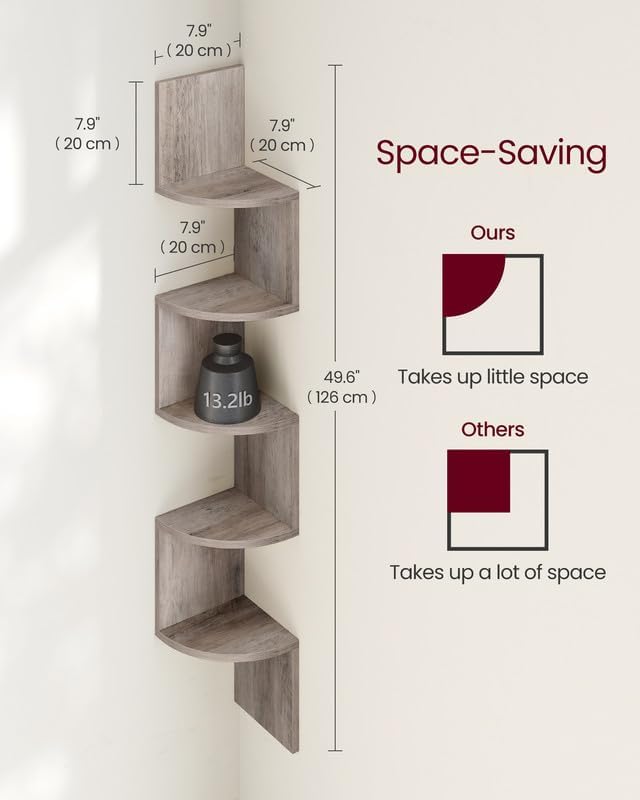 VASAGLE Corner Shelf Wall Mount, 5-Tier Floating Corner Bookshelf, Plant Shelf for Bedroom, Living Room, Bathroom, Home Office, Heather Greige