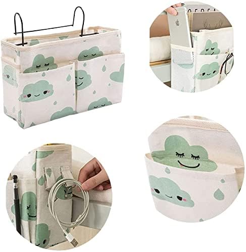 Bedside Caddy Hanging Organizer,Canvas Bag Pockets Basket Multifunction Bedside Organizer for Bunk College Dorm Bed Rails with Magazine Books Phone Cable Tablet Water Bottle,Blue Clouds