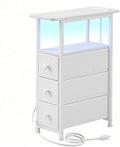 Narrow End Table with Charging Station, Narrow Side Table with Drawer, Small Nightstand with LED Light, Skinny Nightstand, Small Bedside Table for Living Room, Bedroom, Couch, White