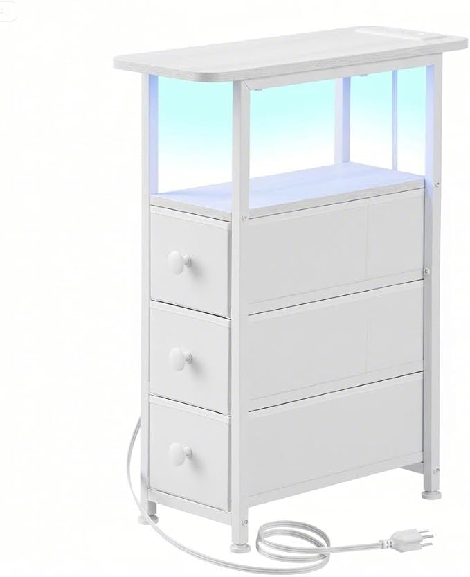 Narrow End Table with Charging Station, Narrow Side Table with Drawer, Small Nightstand with LED Light, Skinny Nightstand, Small Bedside Table for Living Room, Bedroom, Couch, White
