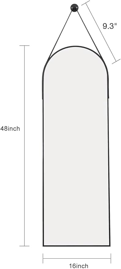 TinyTimes 48"x16" Hanging Mirror with Leather Strap,Arched Full Length Mirror with Aluminum Frame Wall-Mounted Hanging Mirrors for Bathroom Vanity Living Room Bedroom Entryway Décor, Black