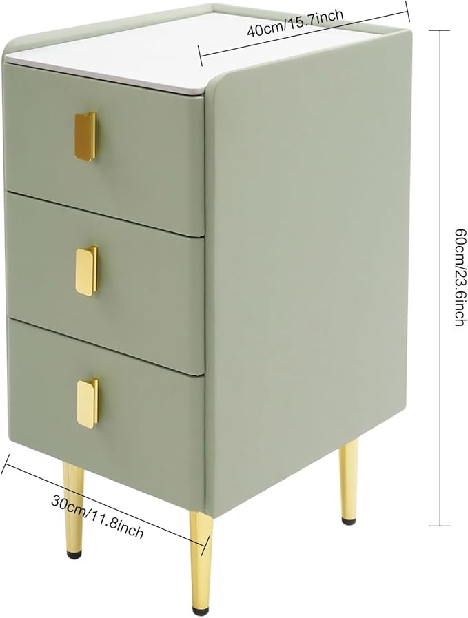 Narrow Nightstand with 3 Drawers, Narrow Side Table End Table Leather Bedside Cabinet Slim Storage Bedside Table for Small Space Bedroom Living Room Dormitories (Green)