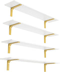 DINZI LVJ Long Wall Shelves, 47.3" Wall Mounted Shelves Set of 4, Large Floating Shelves with Metal Brackets, for Living Room, Bathroom, Bedroom, Kitchen, White and Gold