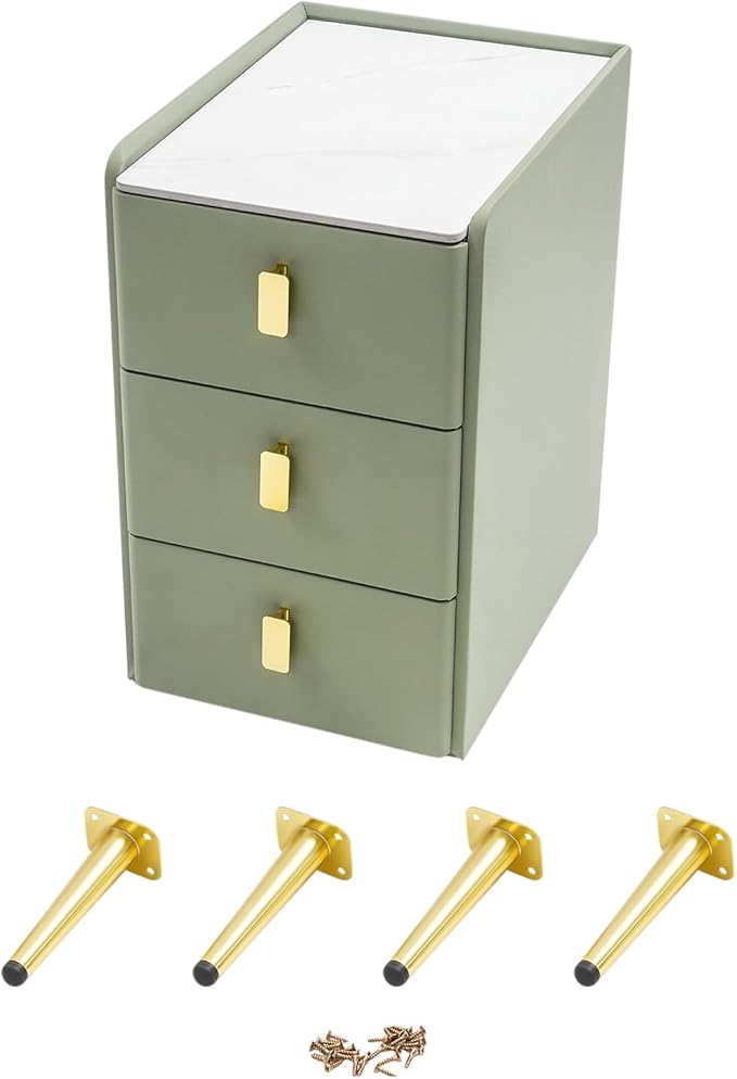 Narrow Nightstand with 3 Drawers, Narrow Side Table End Table Leather Bedside Cabinet Slim Storage Bedside Table for Small Space Bedroom Living Room Dormitories (Green)