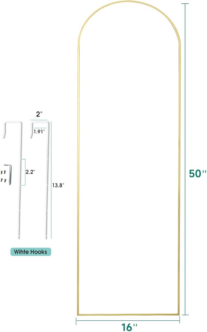 DOOR-16"x50" Arched Full Length Mirror - Free Standing, Leaning & Hanging Mounted - Aluminum Frame Modern Simple Home Decor for Living Room, Bedroom & Cloakroom, Gold
