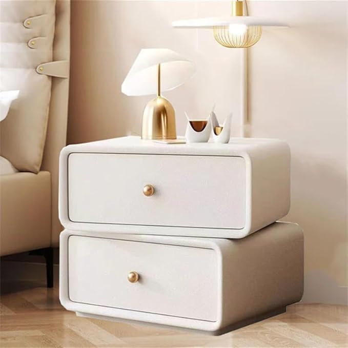 360° Rotating Nightstand – Handcrafted Solid Wood & Leather Bedside Table with Dual Storage Drawers for Modern Home Decor (White)