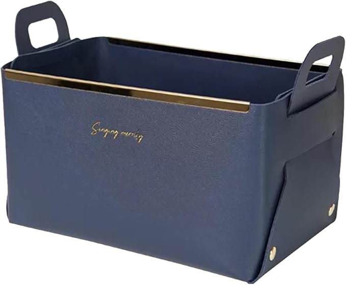 Foldable Basket Organizers and Storage,Small Storage Bin with Handles,Faux Leather Decorative Tray for Bath,Vanity,Entryway (Navy)