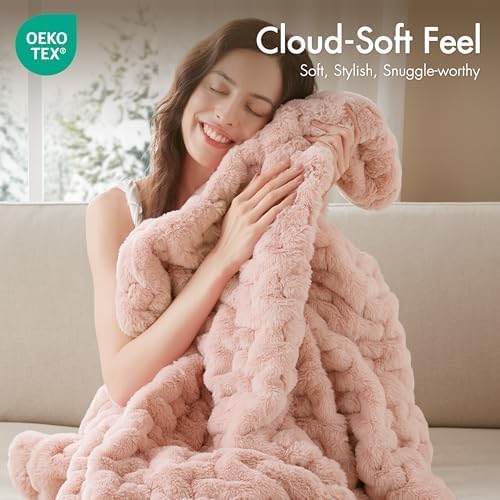 Madison Park Ruched Luxury Throw Premium Soft Cozy Brushed Long Faux Fur For Bed, Couch or Sofa, 50"x60", Blush