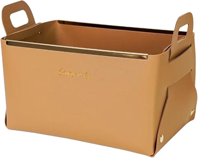 Decorative Faux Leather Basket,Small Catchall Basket for Entryway Bedside Dresser End table,Foldable Rectangle Tray Organizer Box (Brown)