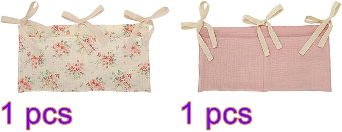 Linen Baby Bedside Hanging Storage Bag, 2 Pockets Organizer for Baby Cribs Diapers, Toys, Clothing, Milk Bottle