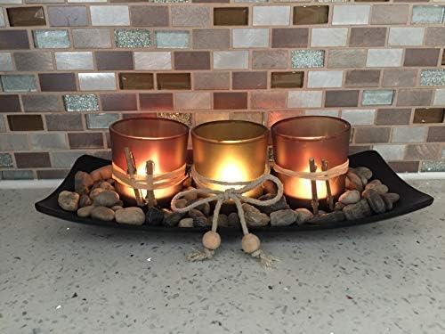 Centerpiece Table Decorations 3 Pieces Candle Holders with Tray and Rocks, for Living Room, Dining Room, Bedroom, Entryway Table Home Decor Romantic Holiday Wedding Party Gift Coffee Table Decor