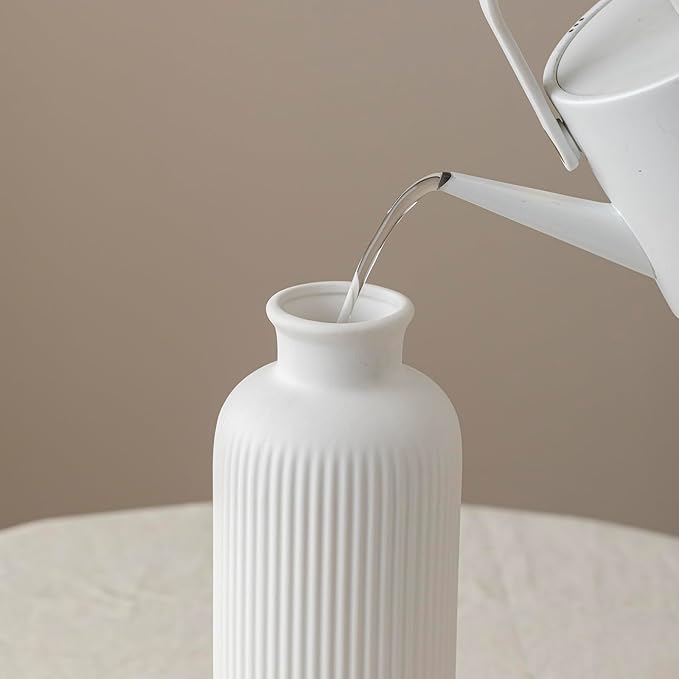 Natural White Ribbed Ceramic Vase for Flowers, Modern Textured Decorative Vase, 10 Inch Tall, 3.94 Inch Width, Farmhouse Style Home Decor (Bisque White)