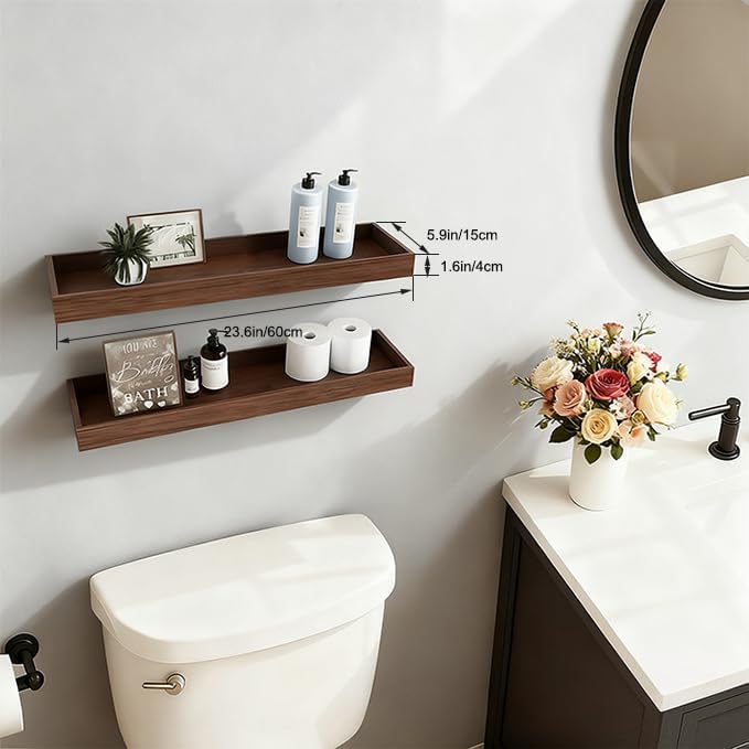 Floating Shelves for Wall, Wooden Wall Shelves for Bedroom Living Room Kitchen, Modern and Rustic Bathroom Shelves with Raised Lip, Decor Floating Shelf for Storage (Walnut-Like,2 Set,23.6 in)