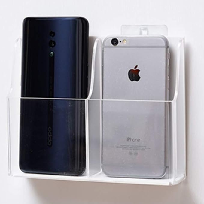 Acrylic Cell Phone Storage Holder Wall Mount TV Remote Control Media Storage Box Organizer (White Back, 2 Solts)