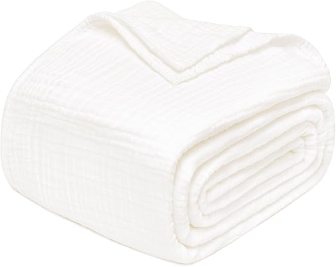 Joydeco 100% Cotton Muslin Throw Blanket for Couch Bed and Sofa, 4-Layer Lightweight and Breathable Soft Gauze Blanket for All Season, Luxury Throws Cotton Blanket Gift(White, 50"x70")