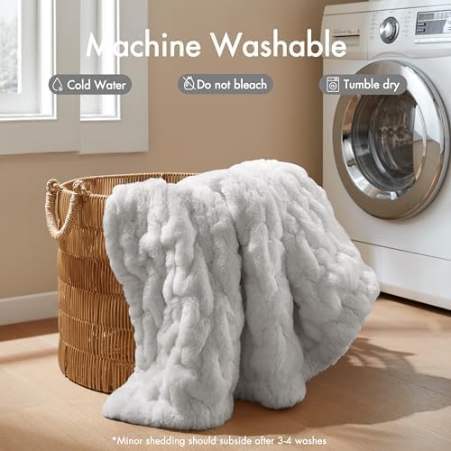 Madison Park Ruched Luxury Throw Premium Soft Cozy Brushed Long Faux Fur For Bed, Couch or Sofa, 50"x60", Silver Grey