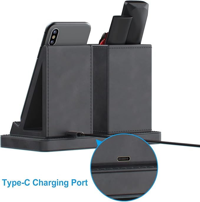 KINGFOM PU Leather Desk Organizer Pen Pencil Holder with Wireless Charger Stand, 10W Fast Wireless-Charging for iPhone 11, 11 Pro, 11 Pro Max, XR, Xs Max, XS, X, 8, 8 Plus(Gray)