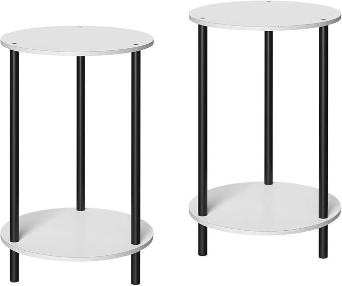 MOOACE End Tables Set of 2, Small Side Table, 2-Tier Nightstand with Storage Shelves, Round Sofa Bedside Table Coffee Desk for Living Room, Bedroom, Bathroom, Office, White