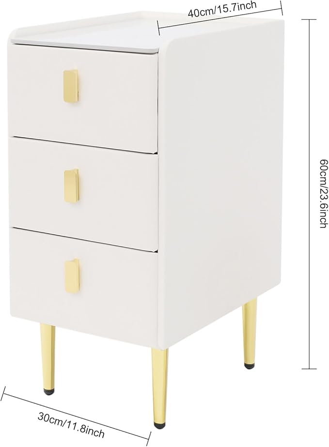 Narrow Nightstand with 3 Drawers, Narrow Side Table End Table Leather Bedside Cabinet Slim Storage Bedside Table for Small Space Bedroom Living Room Dormitories (White)