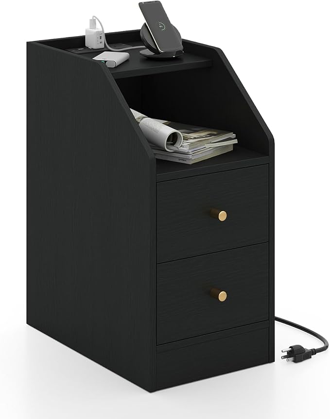 KOMFOTT Side Table with Charging Station, End Table with Storage Drawers, Sofa Couch Table for Small Space, Modern Narrow Nightstand for Bedroom (Black,1)