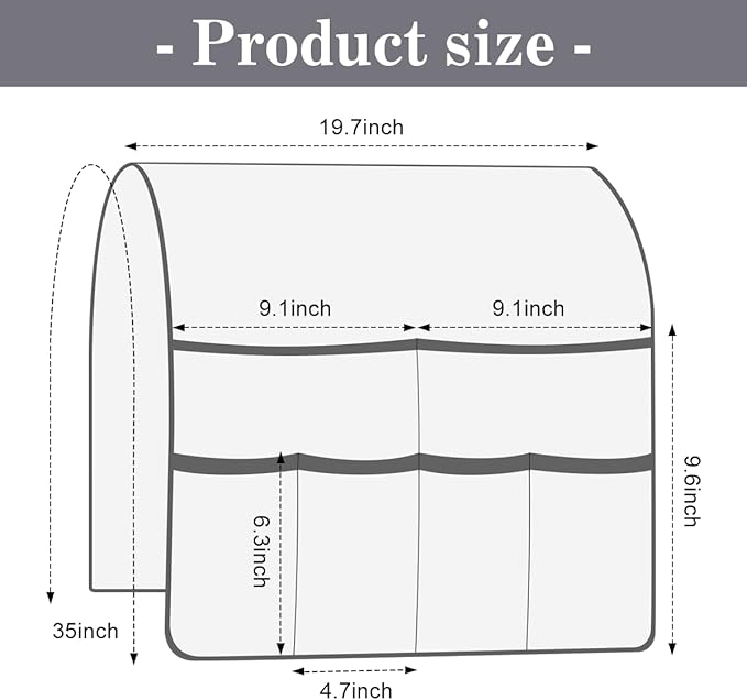Bedside Caddy for Couch Remote Control Holder Recliner Armrest Organizer Non Slip Sofa Armchair Caddy with 6 Pocket Storage for Magazine, Tablet, Phone, iPad, Gray