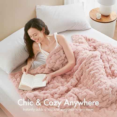 Madison Park Ruched Luxury Throw Premium Soft Cozy Brushed Long Faux Fur For Bed, Couch or Sofa, 50"x60", Blush