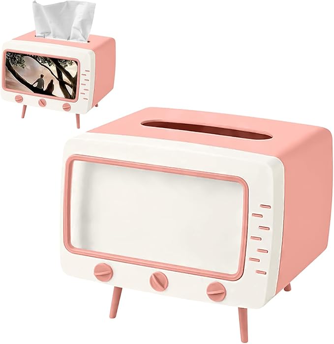 SGVAHY Tissue Box Holder Retro TV Tissue Box Cover Cute and Practical Cell Phone Holder Tampon Holder for Bathroom Kitchen Bedroom Dressers Desks and Tables Night Stands Creative Gift (TV Pink)